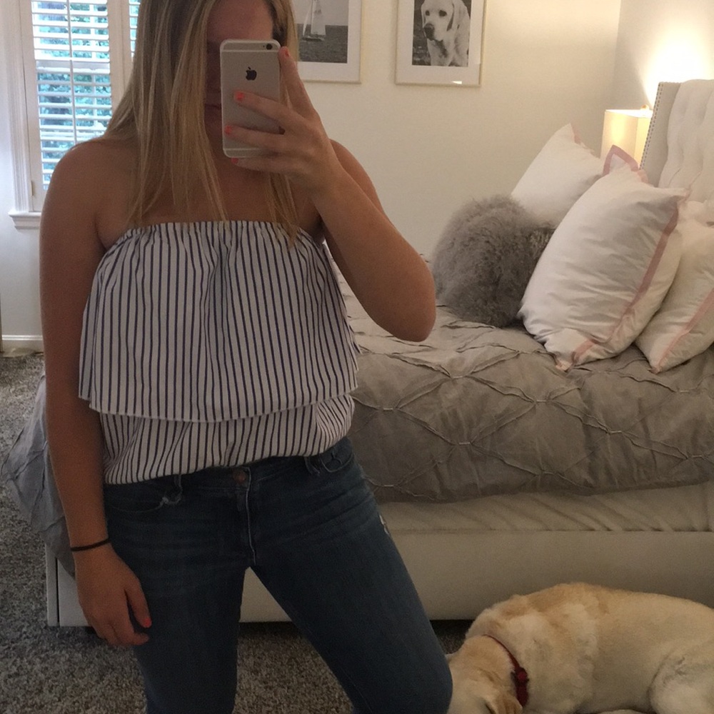 Asos strapless blue and white striped blouse